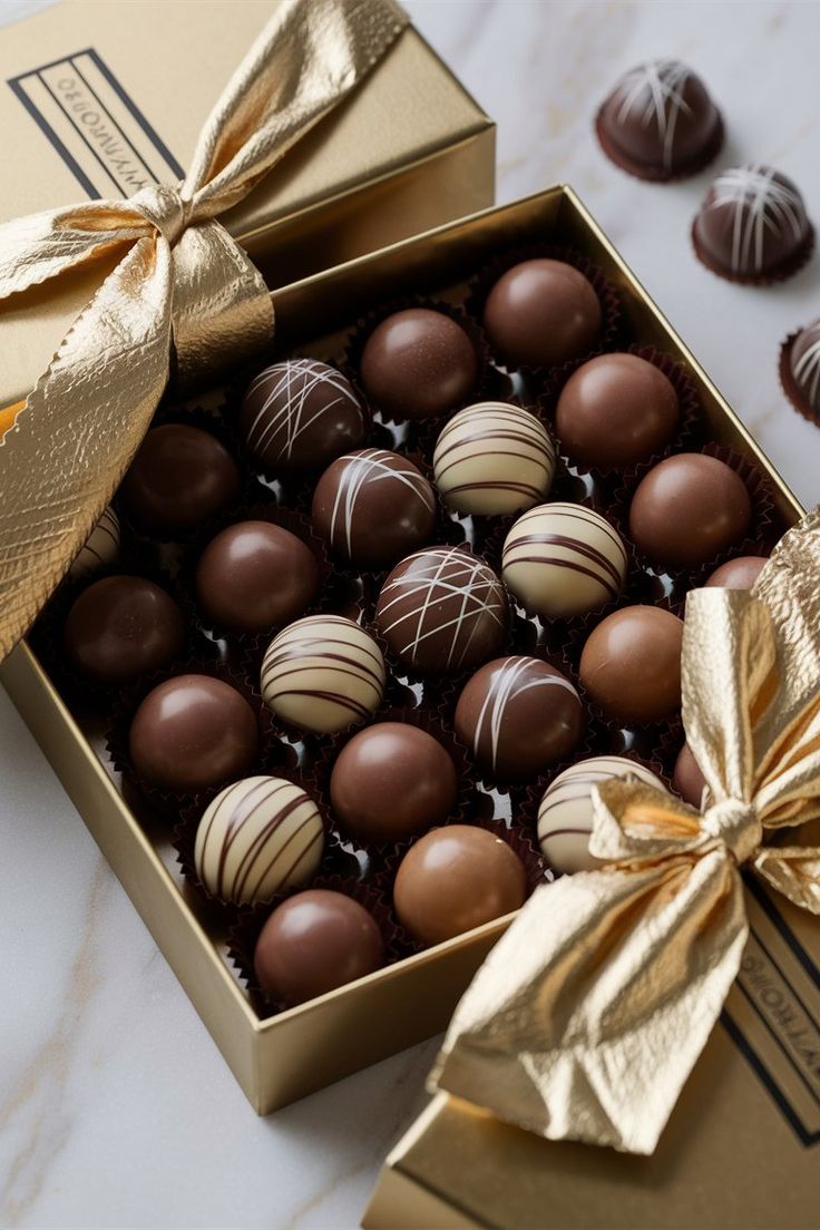 Caixa dourada com laço de cetim cheia de bombons artesanais de chocolate