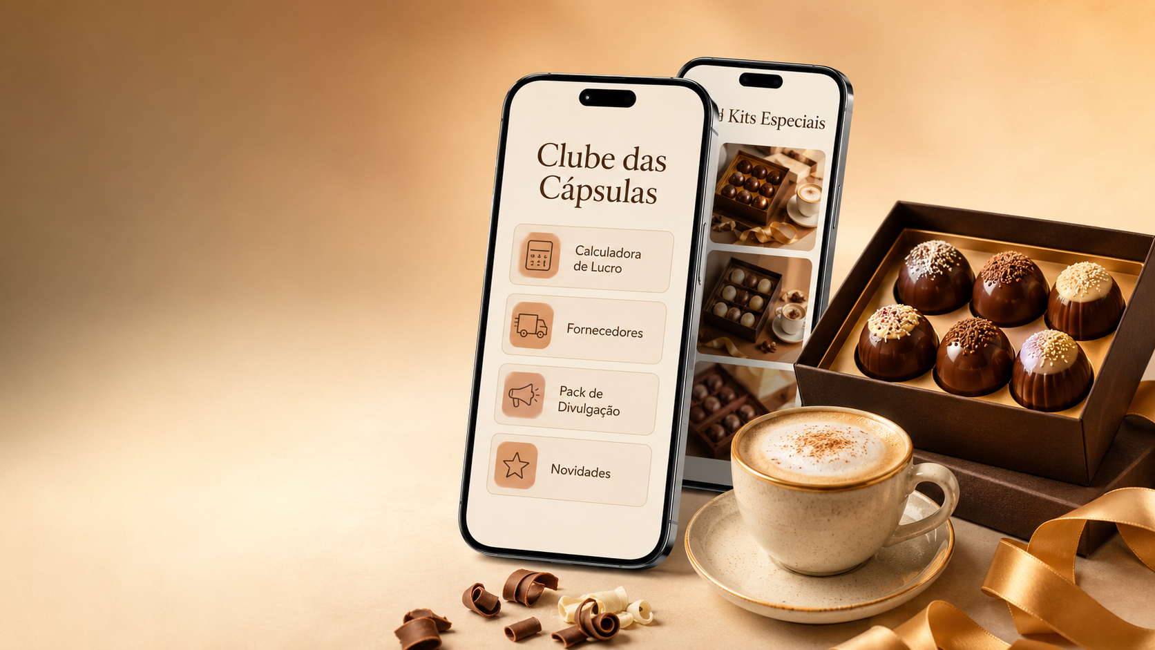 Aplicativo Clube das Cápsulas em dois celulares ao lado de cápsulas artesanais e cappuccino
